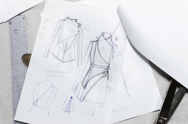 drawing sketches on paper, fashion designer drawing sketches on paper, fashion designer concept, scissors fashion sketch stock pictures, royalty-free photos & images