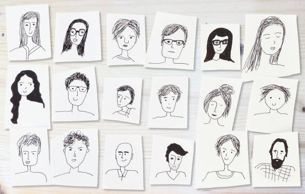 tekeningen van gezichten op wit - karakters stockfoto's en -beelden