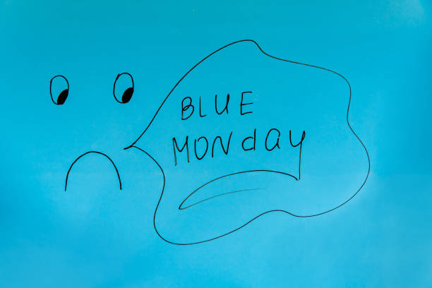 нарисованный смайлик и голубой понедельник надписи в черный маркер. - blue monday стоковые фото и изображения