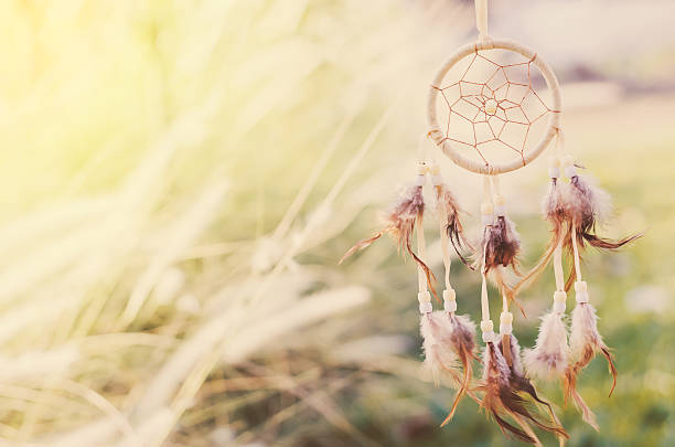 Dream Catcher Close up of Dream Catcher on meadow background with soft vintage tone indian jewelry stock pictures, royalty-free photos & images