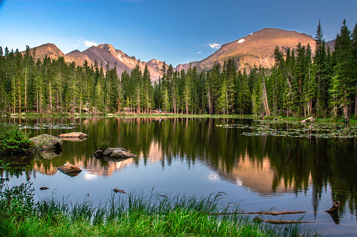 Dream Lake at sunset, Rocky Mountain National Park, showing sunlit mountain peaks and lake with reflections
