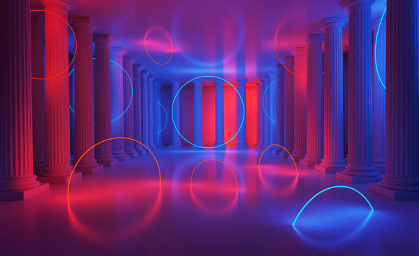 Dreamlike room with columns illuminated by neons: fantasy, creativity, imagination stock photo