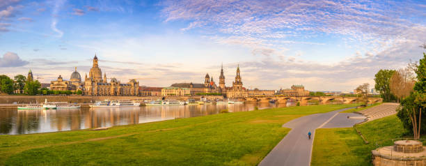 Dresden city skyline panorama at Elbe River and Augustus Bridge, Dresden, Germany Dresden city skyline panorama at Elbe River and Augustus Bridge, Dresden, Germany elbe river stock pictures, royalty-free photos & images