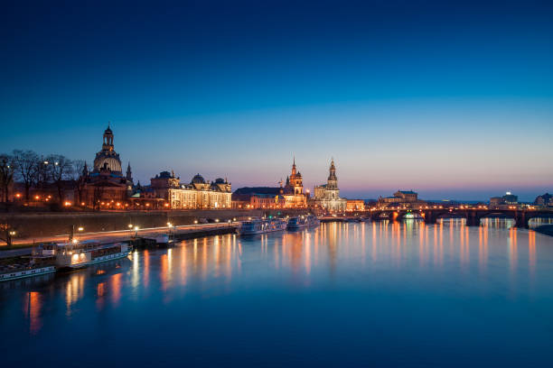 Dresden, Germany Panorama at Night with Elbe River stock photo