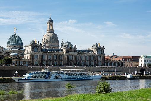 Dresden's historic city center looking at the Arts Academy, Bruhl Terrace and the Elbe River from Elbufer New City Park