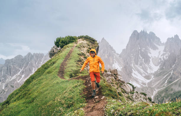 Dressed bright orange soft shell jacket backpacker running  by green mountain path with picturesque Dolomite Alps range background,. Active people and European mountain hiking tourism concept image. stock photo