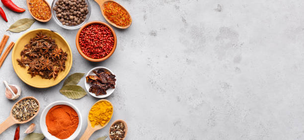 dried spices and seasonings in bowls on grey background - condimento temperos imagens e fotografias de stock