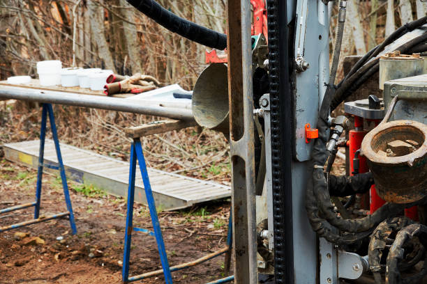 Drill rig and soil probe for taking soil samples in front of a field table for sampling stock photo