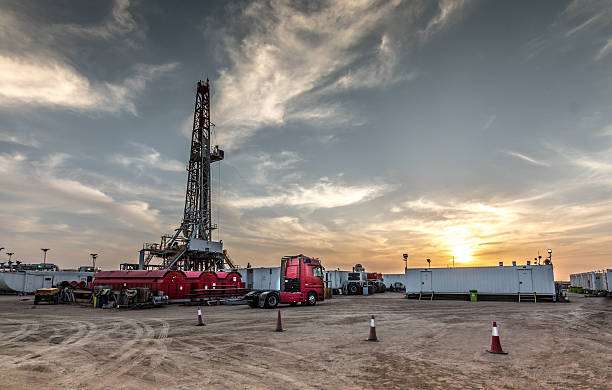 Drilling rig sunset in Basra stock photo