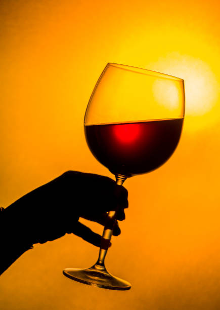 Drinking the red wine at the sunset.  Woman hand holding a glass of red wine. stock photo