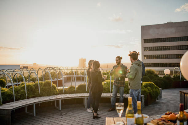 Drinks on the Rooftop Friends relax and enjoy outdoor drinks together. roof garden stock pictures, royalty-free photos & images
