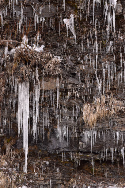 Dripping Icicles on Shale Wall stock photo