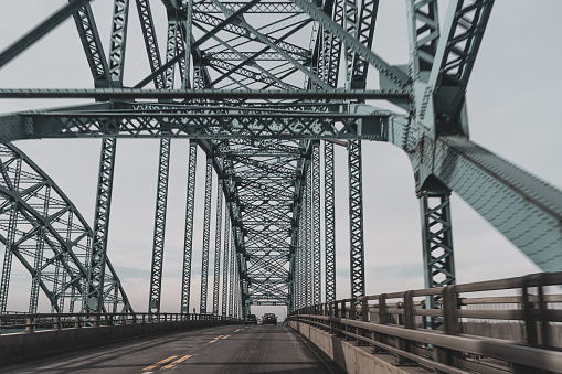 Driver's view of the structure of a truss arch bridge, the South Grand Island Bridge, Grand Island, New York.  Constructed in 1935, it connects the Buffalo suburb of Tonawanda with Grand Island and via the Niagara Thruway to Niagara Falls, NY.