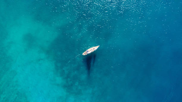Drone aerial view of a sailing boat on a blue ocean sea waters. stock photo