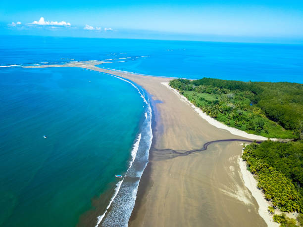 Drone photography of the Whale's Tail at the Marino Ballena National Park in Uvita, Costa Rica stock photo