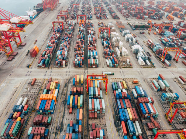 Drone Point View of Industrial Port with Containers Ship stock photo