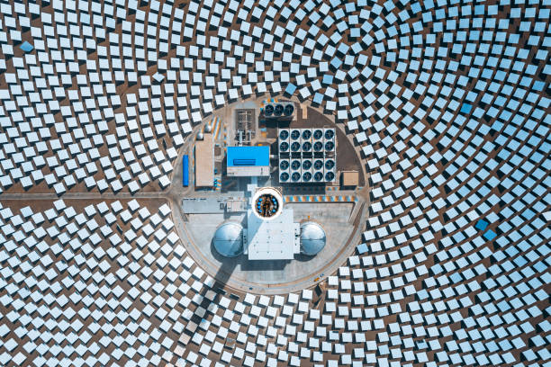 Drone Point View of Solar and Thermal Panels stock photo