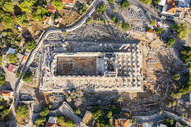 Drone shot of Great Temple of Apollo in the ancient Didyma in Present Didim, Aydin, Turkey stock photo