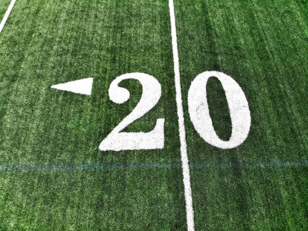 Drone Shot Of The 20 Yard Mark On An American Football Field stock photo