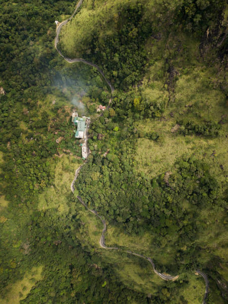Drone Top Down Aerial View of Ella Wellawaya Bending Road, Ella Gap Valley, Sri Lanka stock photo
