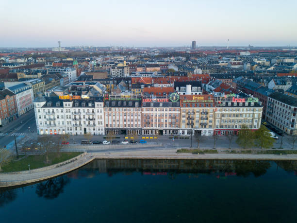Drone View Neon Lights on Buildings in Copenhagen, Denmark stock photo