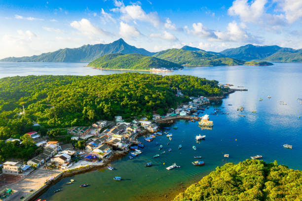 Drone view of A seascape of Tap Mun or Grass Island where is located in Sai Kung Drone view of A seascape of Tap Mun or Grass Island where is located in Sai Kung fishing village stock pictures, royalty-free photos & images