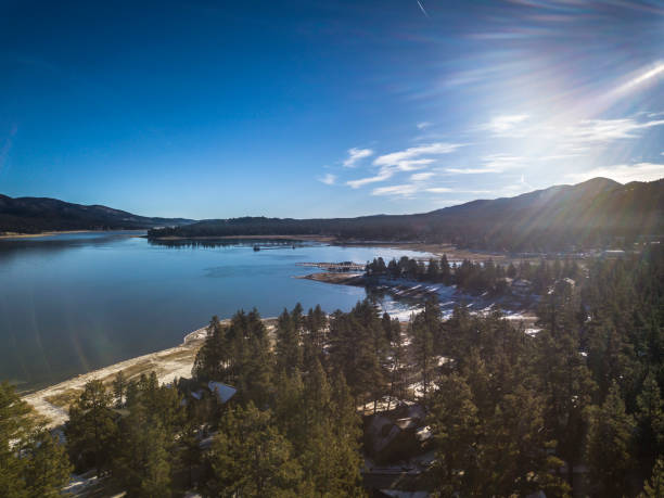 Drone view of Big Bear Lake in the winter stock photo
