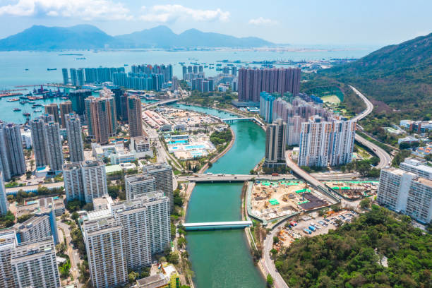 Drone view of downtown cityscape in Tuen Mun, Hong Kong stock photo