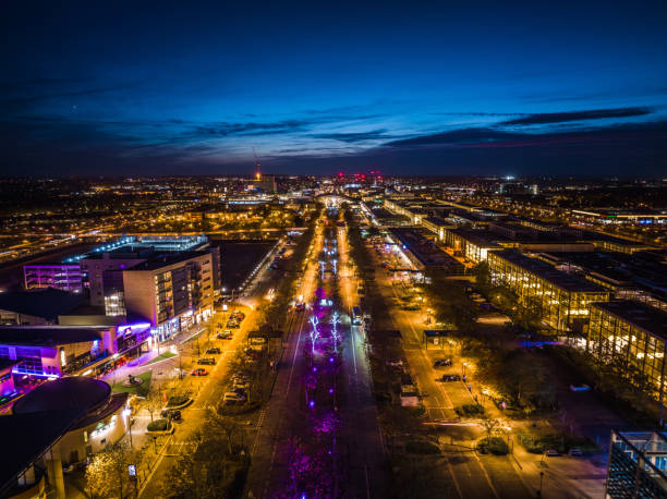 Drone view of Milton Keynes Central at night stock photo