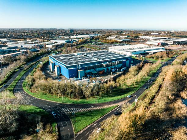 Drone view of Warehouse in Milton Keynes, UK stock photo