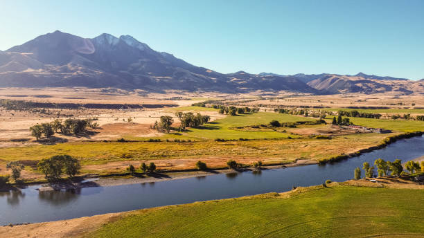 Drone View over Southern Montana Farmland stock photo