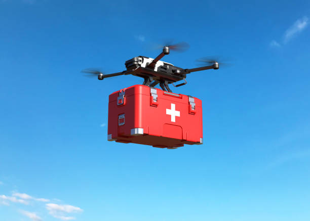 Drone with first aid kit on blue sky, Emergency medical care concept Drone with first aid kit on blue sky, Emergency medical care concept. 3D illustration multicopter stock pictures, royalty-free photos & images