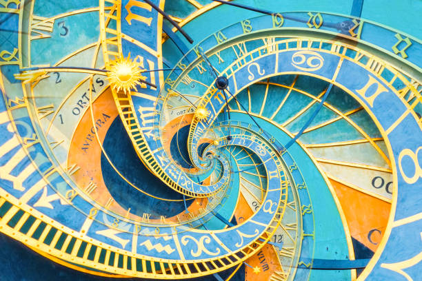 Droste effect background based on Prague astronomical clock. Abstract design for concepts related to astrology and fantasy. stock photo