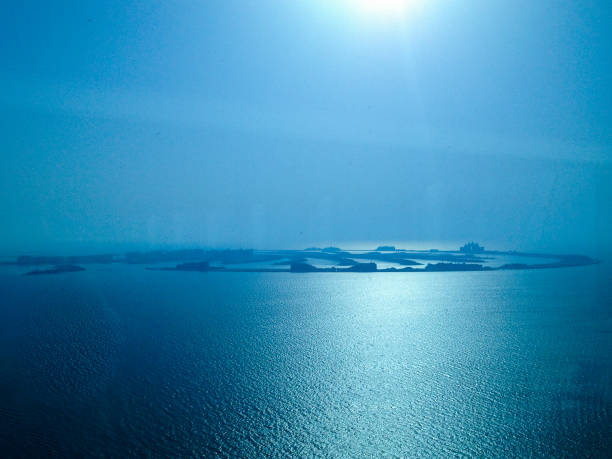 Dubai Jumeirah Palm Island blue hour aerial view stock photo