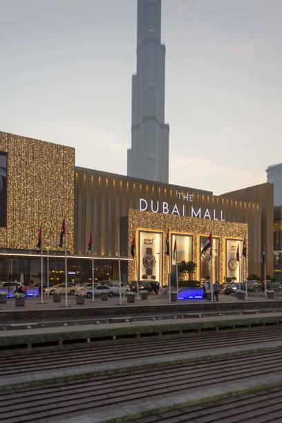 Dubai Mall facade at Christmas time with BurjKhalifa in the background stock photo