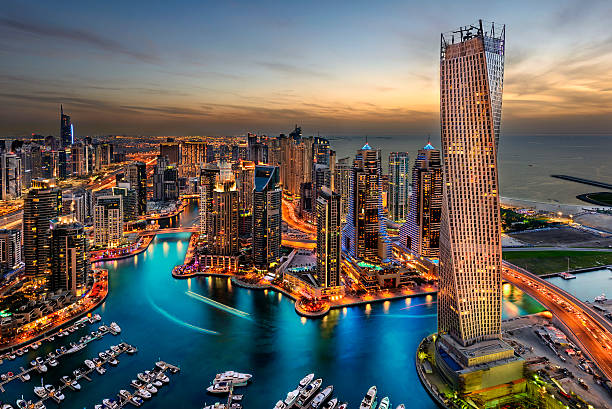 Dubai Marina Dubai Marina from a high view showing the boats, sea, and the city scape. united arab emirates stock pictures, royalty-free photos & images