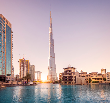 Dubai, UAE - November 10, 2018: view of the ultramodern architecture of Dubai in the United Arab Emirates at night.