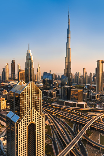 Dubai skyline with traffic junction and Burj Khalifa
