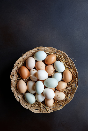 A variety of colorful eggs fit well into a bowl. Photographed in natural light. 