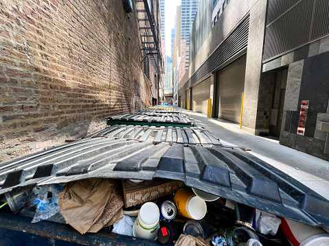 Several dumpsters lined up in a clean Chicago alleyway.