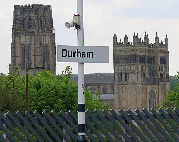 Durham Cathedral from Railway Station Durham Cathedral from the Railway Station with the 'Durham' sign prominent. Durham Cathedral stock pictures, royalty-free photos & images