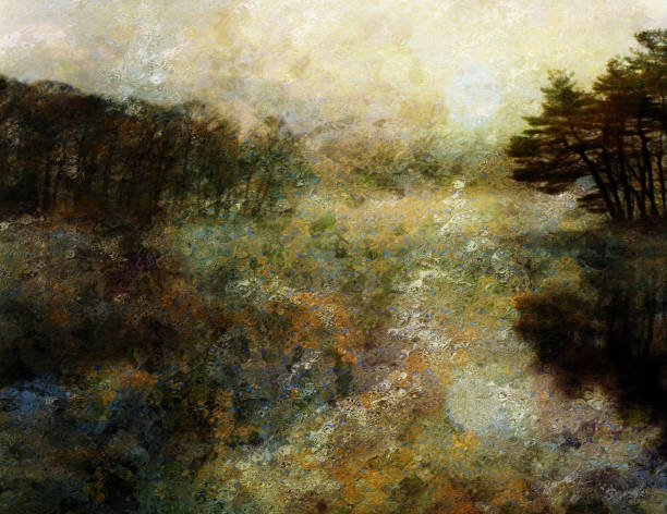 bosque al atardecer - landscape painting fotografías e imágenes de stock