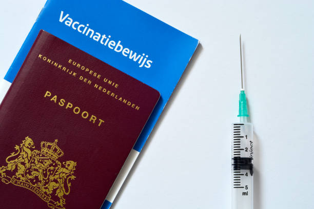 nederlands paspoort met vaccinspuitnaald, bewijs voor covid-19 vaccin - coronatest netherlands stockfoto's en -beelden