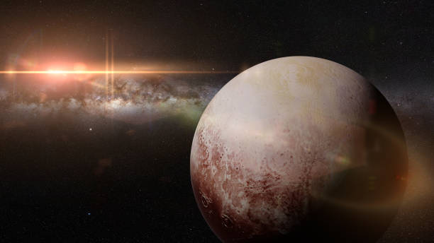dwarf planet Pluto in front of the beautiful bright galaxy artist's impression of the lost planet pluto dwarf planet stock pictures, royalty-free photos & images