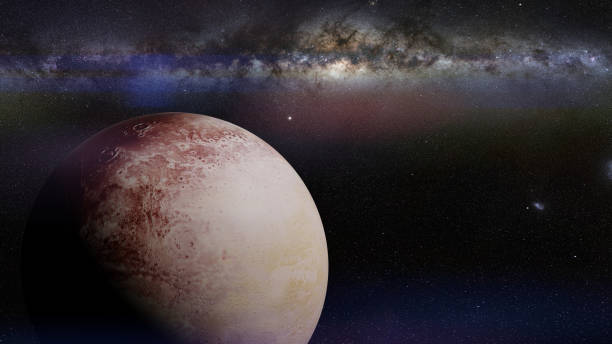 dwarf planet Pluto in front of the galaxy artist's impression of the lost planet pluto dwarf planet stock pictures, royalty-free photos & images