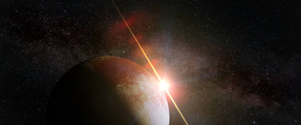 dwarf planet Pluto lit by the distant Sun in front of the stars artist's interpretation of the dwarf planet Pluto in beautiful and colouful space scene pluto dwarf planet stock pictures, royalty-free photos & images