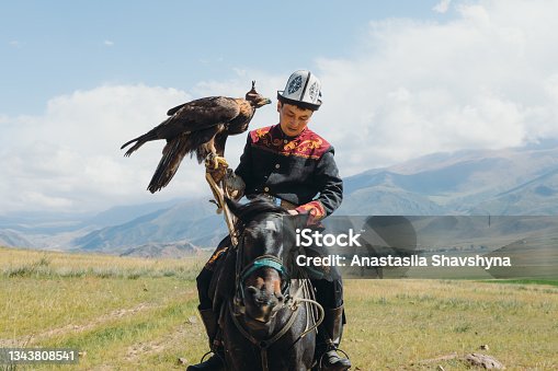 istock Eagle Hunter in traditional costume riding horse with Golden Eagle in the mountains of Central Asia 1343808541