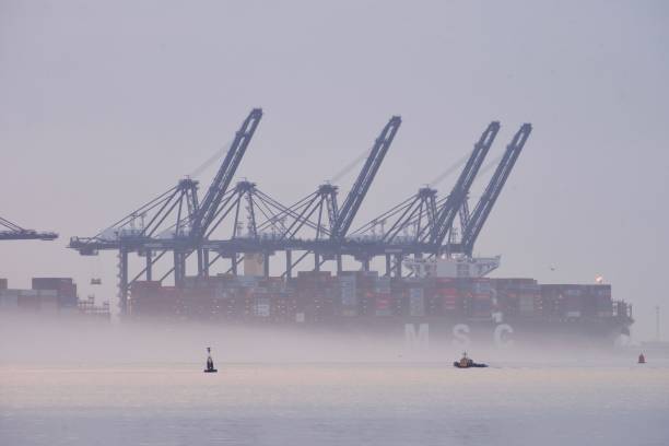 Early morning fog at Felixstowe Fog gathers around a container ship and the cranes at Felixstowe, Suffolk, UK. Taken from across the water at Shotley Marina. skeable stock pictures, royalty-free photos & images