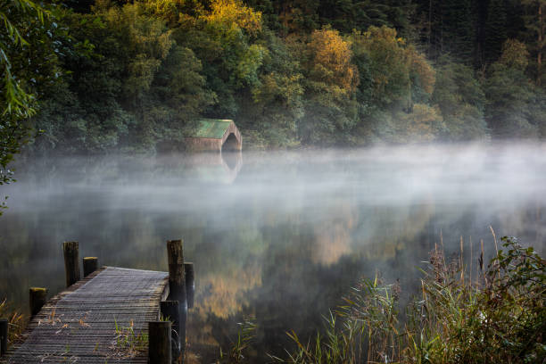 Early morning mist by the Old Boathouse stock photo