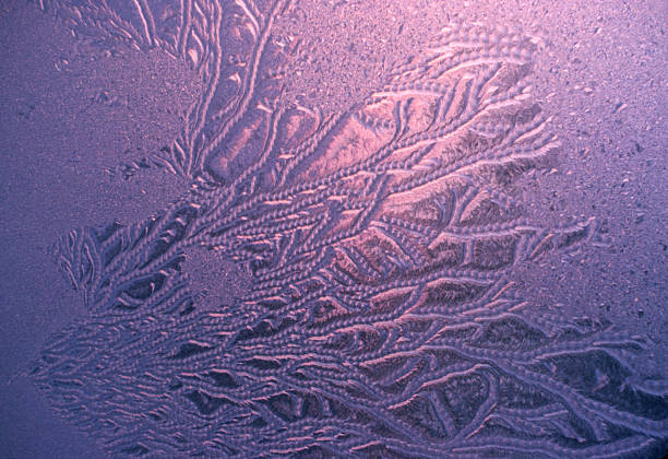 Early Morning Purple Jack Frost Pattern on cold Window stock photo